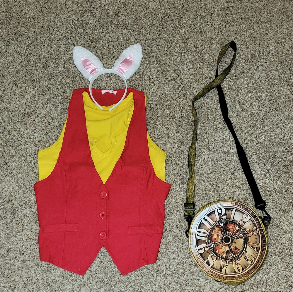 White Rabbit Costume Cosplay Pieces - Ears, Vest, Tank Top and Clock Purse